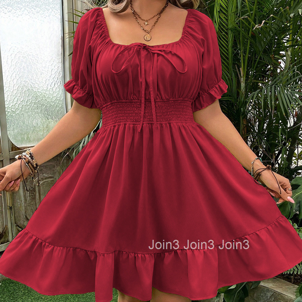 Large Size Womens Fresh and Sweet Style Wine Red Dress Summer Fairy Temperament A-line Short Skirt