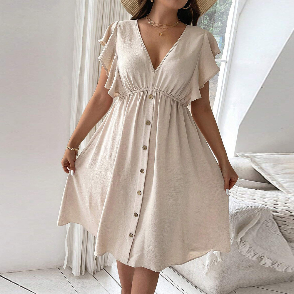 Large Size Womens Summer New Item Vacation Casual V-neck Button Ruffle Edge Dress