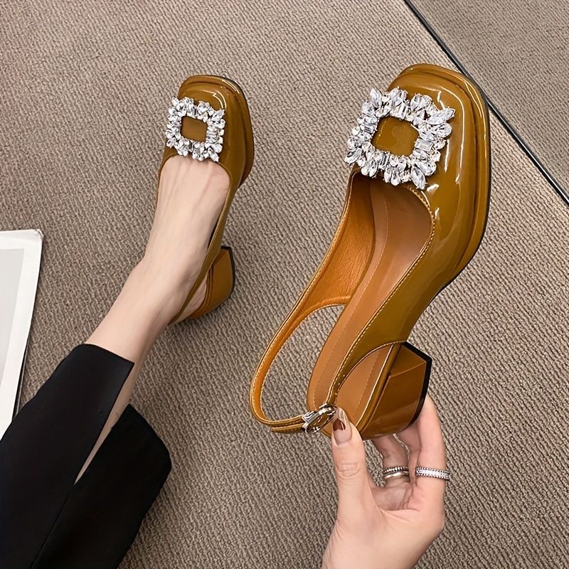 Retro Chunky Heel Sandals, Stylish Rhinestone Decor Buckle Strap Shoes, Women's Fashion Slingback Shoes