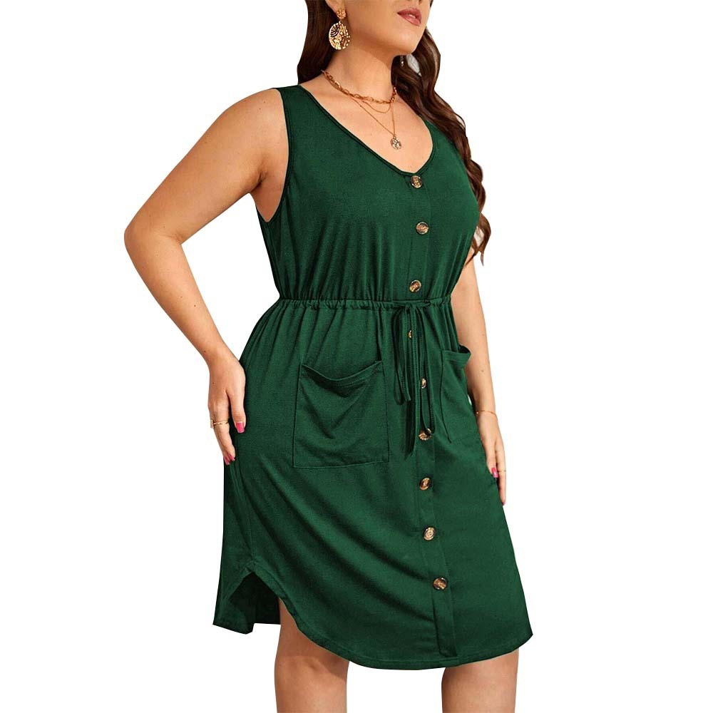 Large Size Womens Elegant Style U-neck Sleeveless Dress Summer New High Waisted Solid Color A-line Mid Size Skirt for Women