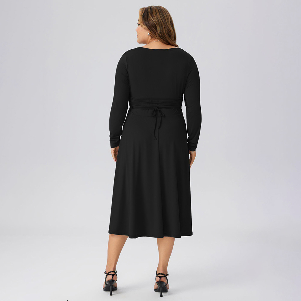 Autumn and Winter New Plus Size Womens Square Neck Medium Long Style Waist Cinching Temperament Commuting Long Sleeved Dress
