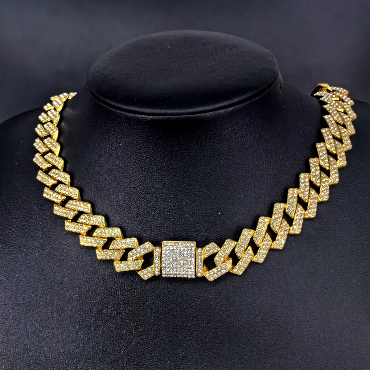 New 15mm Cuban Chain with Diamond Full Pave Hip Hop Necklace, Heavy Duty Gold/Silver Plated Cross-Border Jewelry