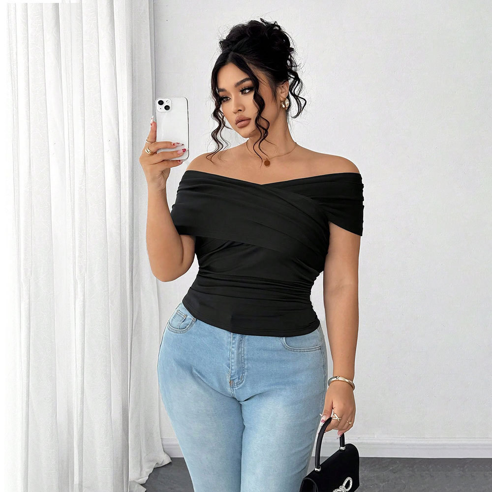 2025 Plus Size Womens Fashion Intellectual Style One Neck T-shirt Summer Off Shoulder Top