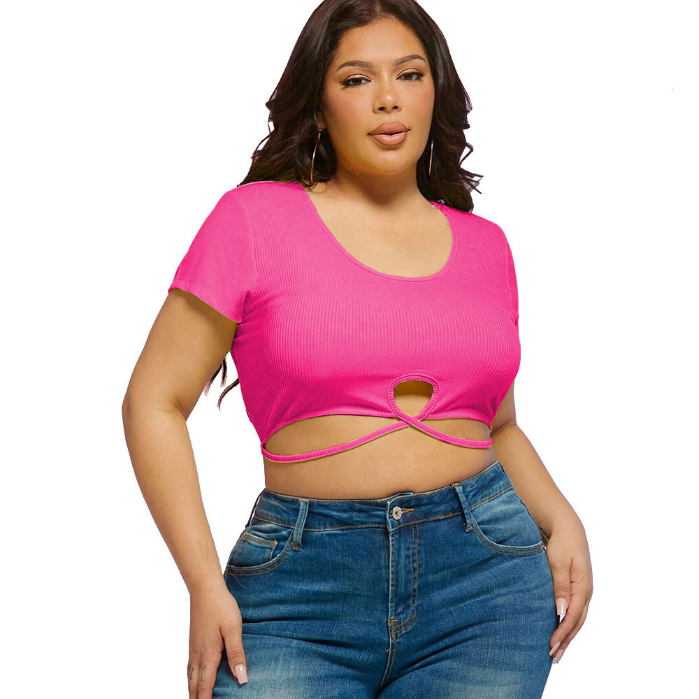 Large Womens Clothing New Fashion Ins Cut Short Knitted Short Sleeved T-shirt U-neck Versatile Top