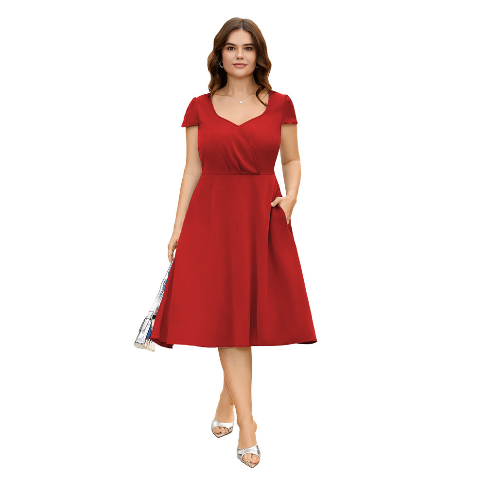 Plus Size Womens Elegant Red Dress Commuting Queen Style Slim Fit Mid Length Dress
