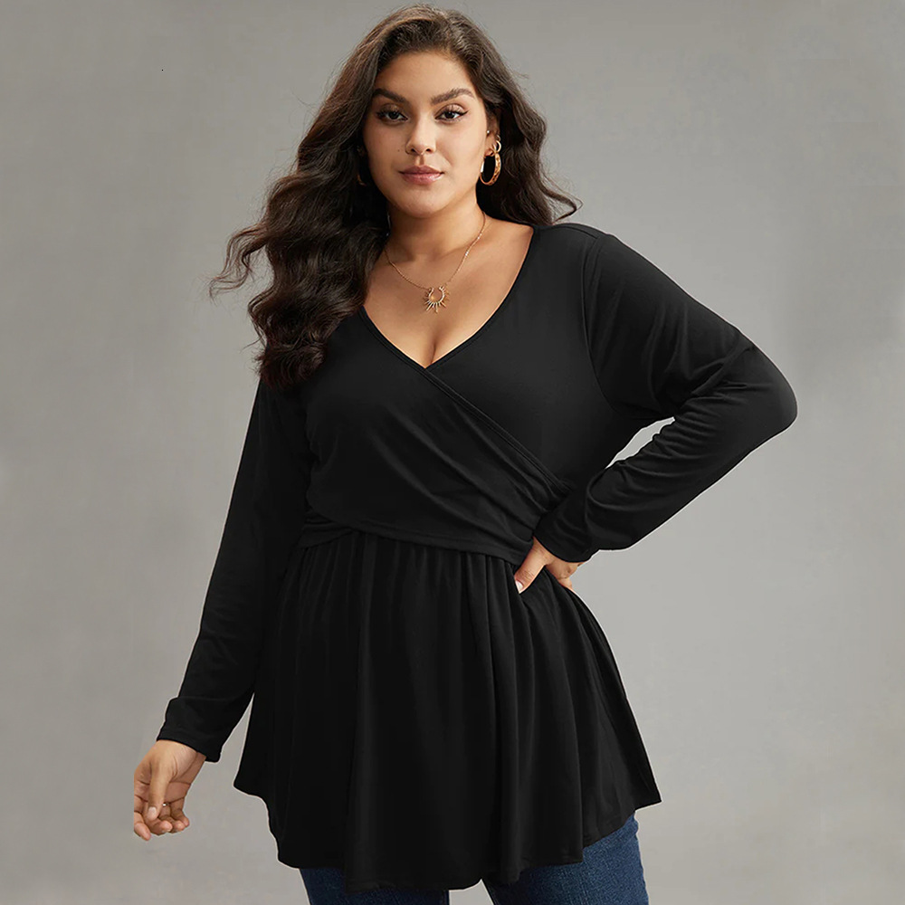 Large Size Womens Autumn and Winter Waist Cinched Ruffle Sexy V-neck Solid Color Long Sleeved T-shirt Temperament Top