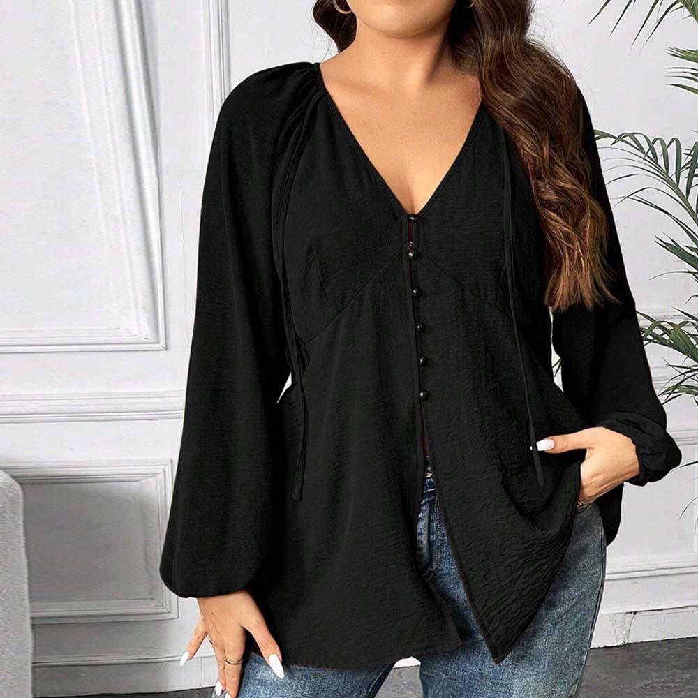 Plus Size Womens V-neck T-shirt Autumn and Winter Casual Commuting Style Loose Design Top