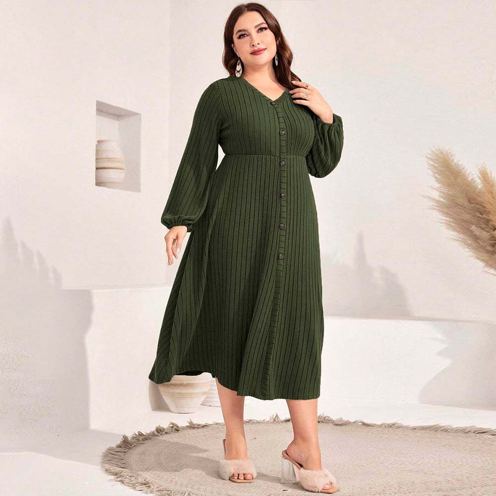Oversized Womens Elegant V-neck Dress with Autumn and Winter Lantern Sleeves Mid Length Skirt with Design Sense