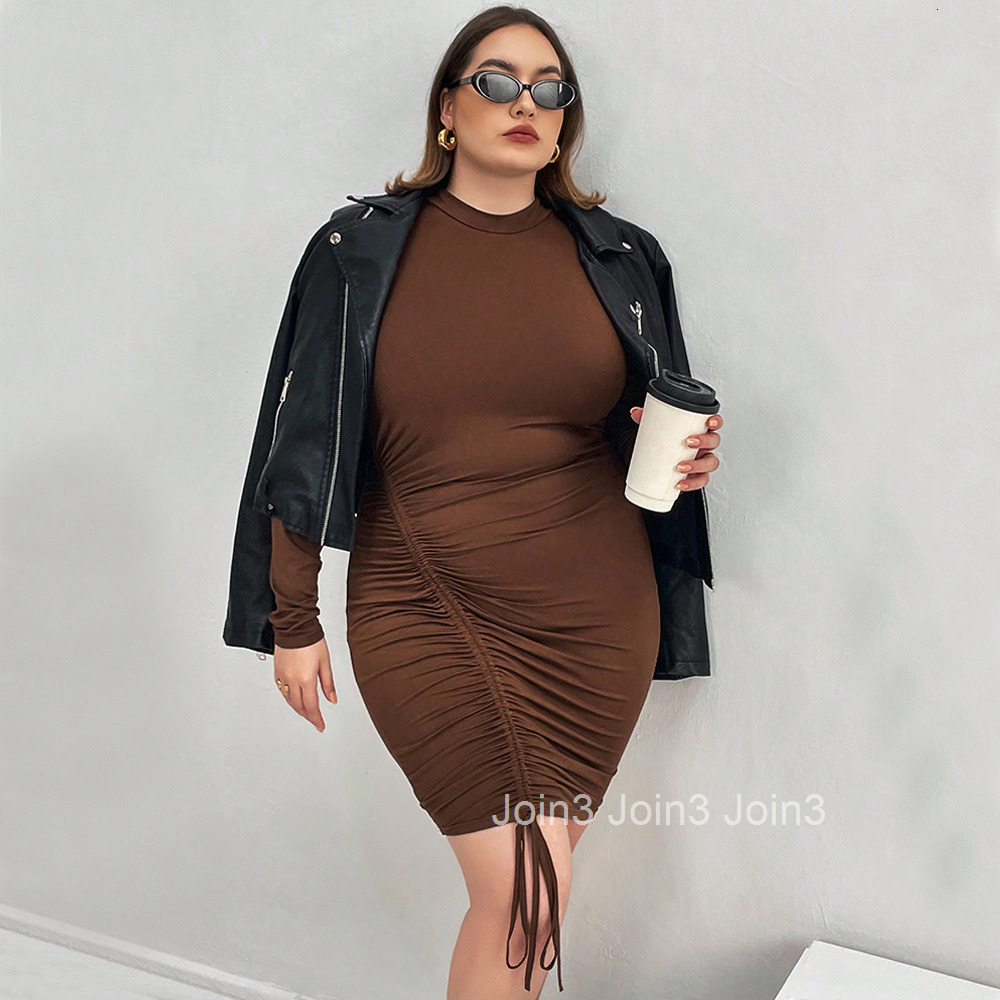 Large Size Womens Long Sleeved Slim Fit Dress with Waist Bag and Buttocks Solid Color Sexy Dress