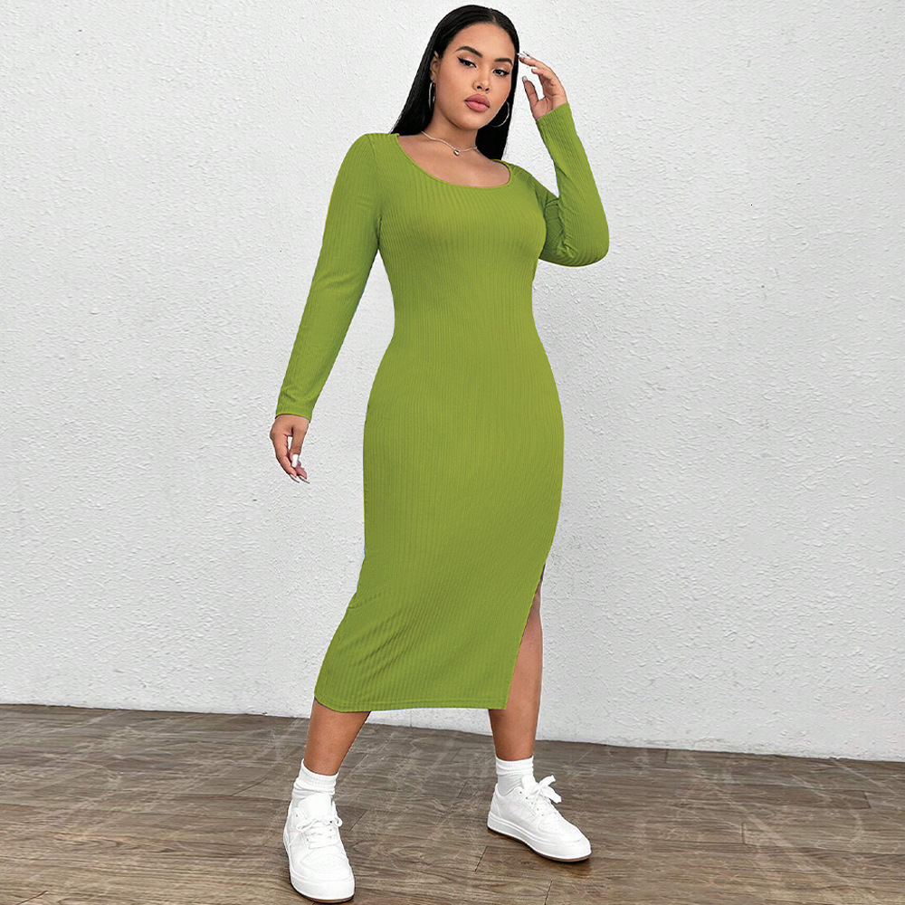 Large Size Womens Autumn and Winter New Slim Fit Bag Hip Slit Square Neck Knitted Long Sleeved Dress