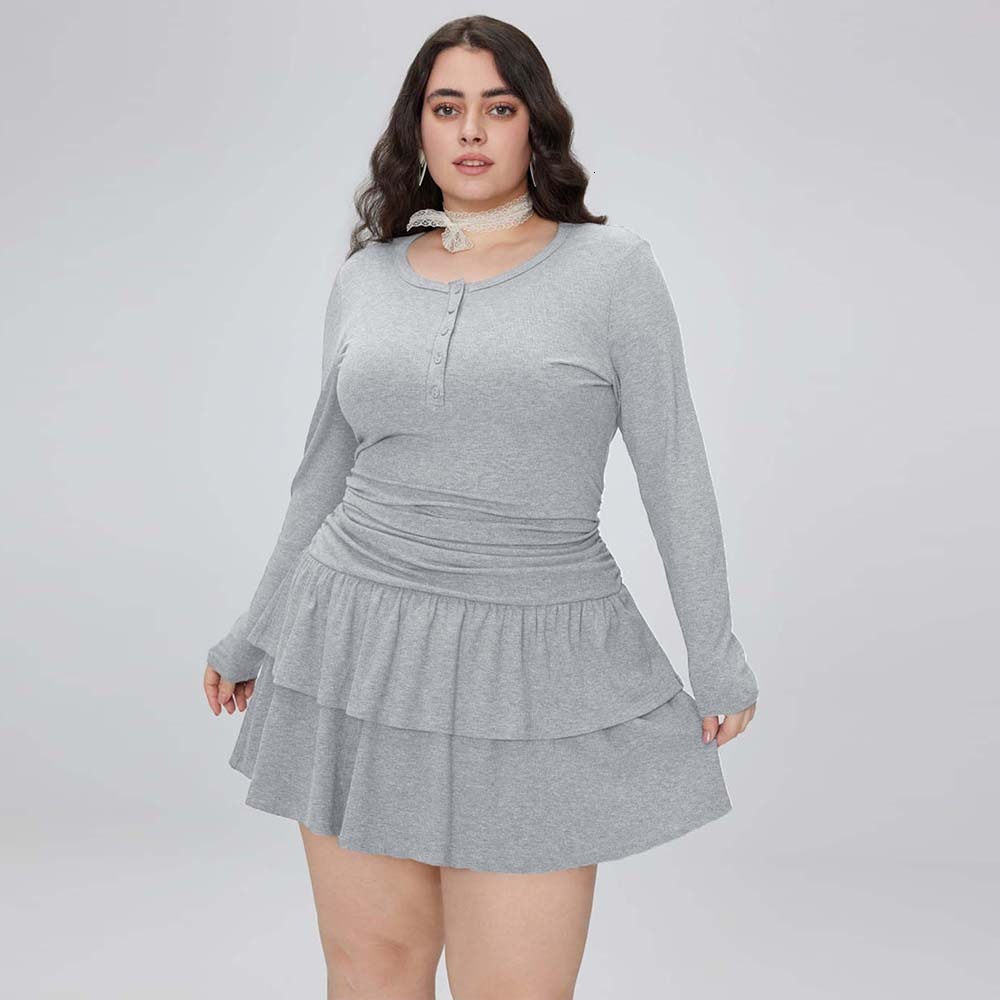 Autumn and Winter New Plus Size Womens Round Neck Dress Simple Long Sleeved A-line Short Skirt