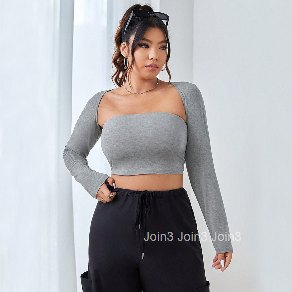 Ins Plus Size Womens Clothing Temperament Street Photography Versatile Slimming Long Sleeved Top Strapless T-shirt Base Shirt