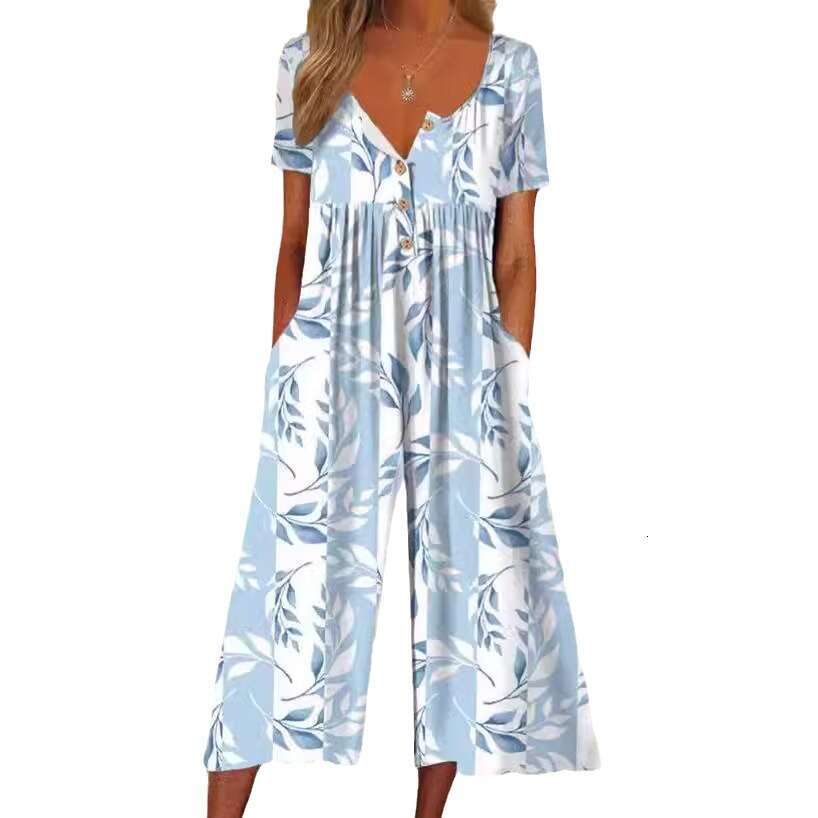 Wide Leg Jumpsuit New Women S Spring Summer Printed Pocket Button Jumpsuit