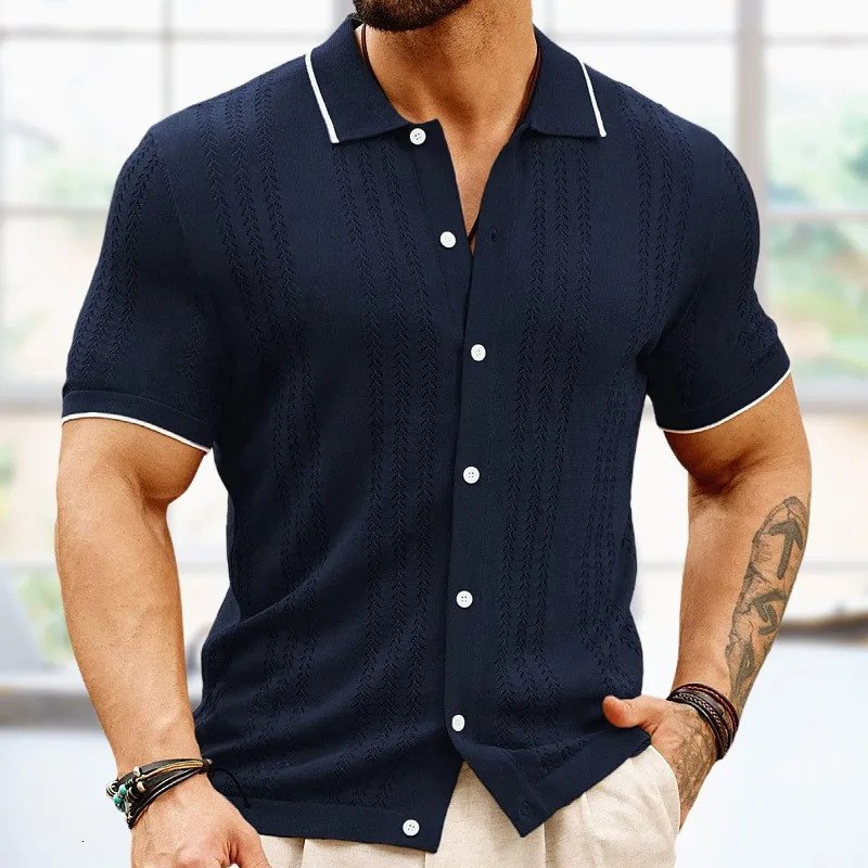 Mens Light Business Leisure Knitted Polo Shirt Buttoned Retro Solid Color Short Sleeve Cardigan Fashion Knitwear 250515