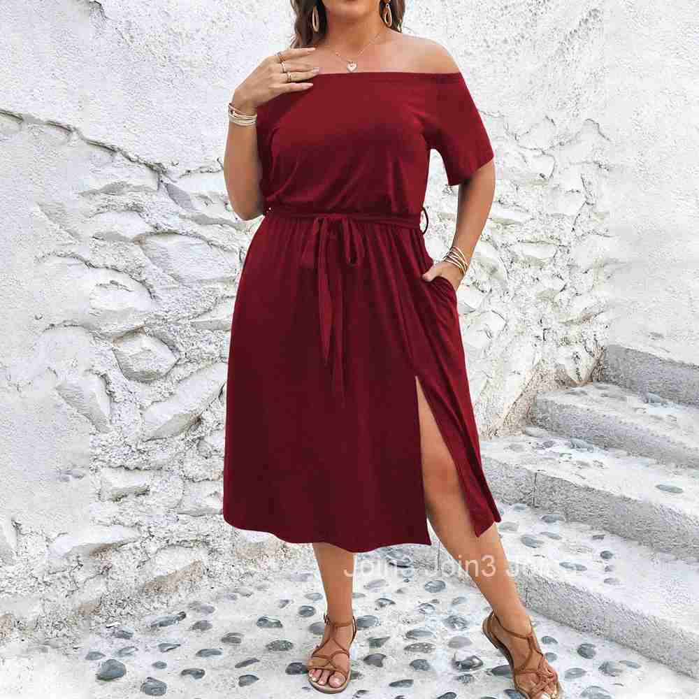 Plus Size Womens Vacation Style Red Dress Summer One Neck Beach Midi Skirt