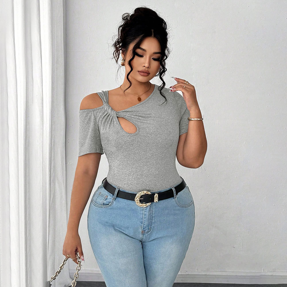 2025 Summer New Large Womens Fashion Simple T-shirt Twisted Design Irregular Short Top