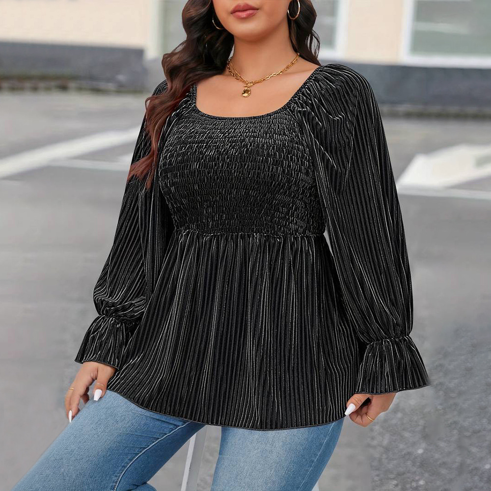 Plus Size Womens Square Neck Flared Sleeve T-shirt Autumn and Winter Elegant Waist Cinching Slimming Velvet Top