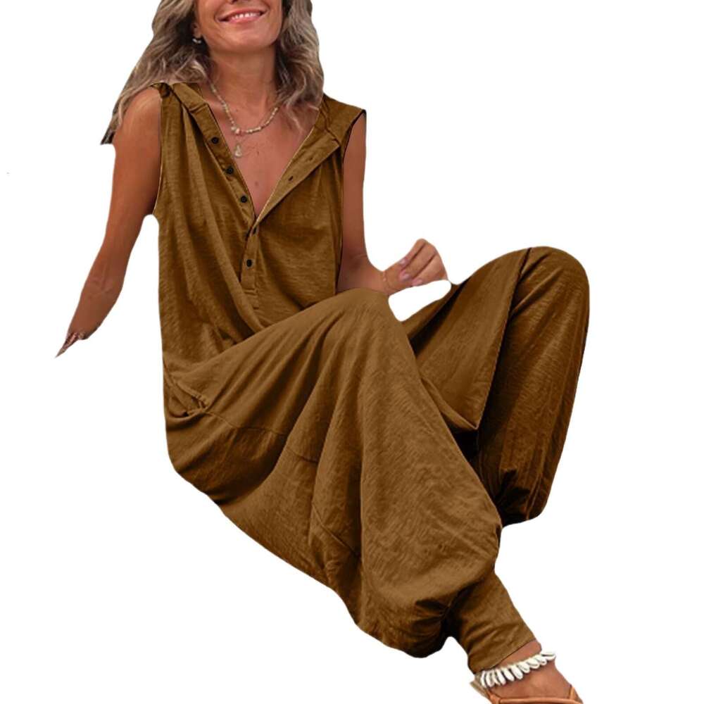 Wide Leg Jumpsuit Women S Buttoned Hooded Sleeveless Pants Jumpsuit