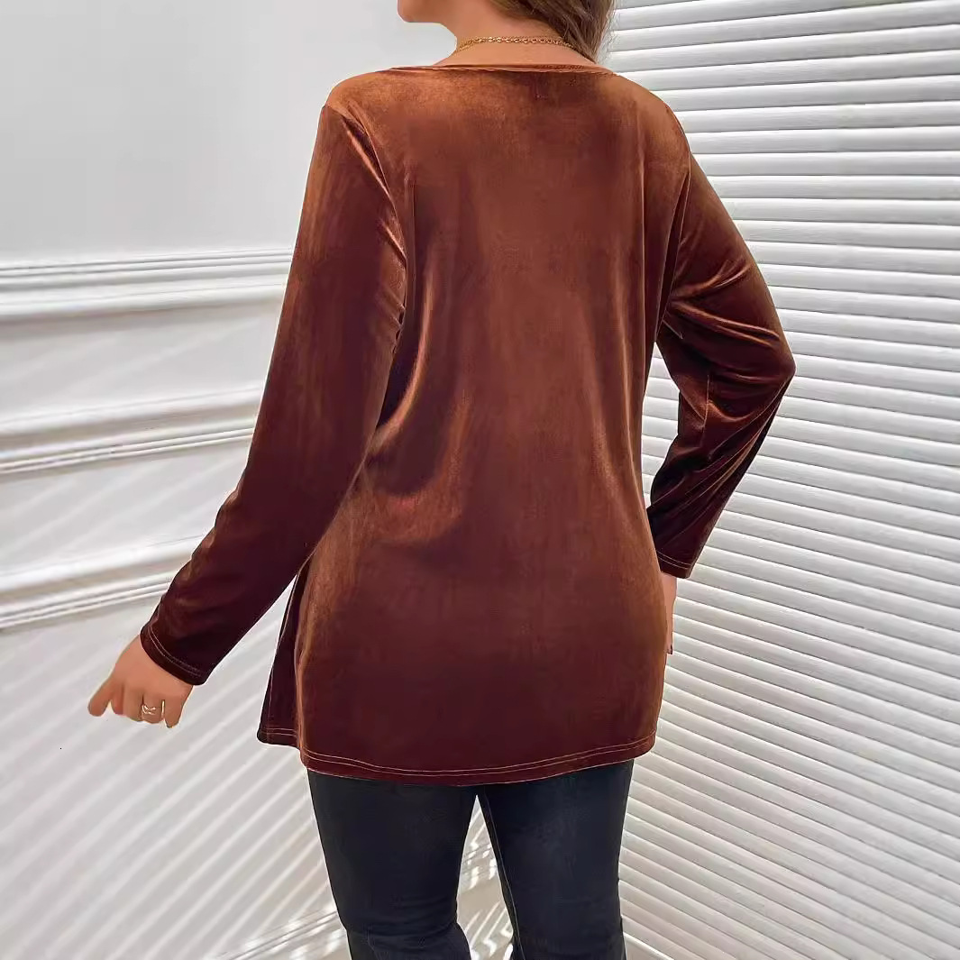 Large Size Womens Elegant Style T-shirt for Autumn and Winter Twisted and Slimming Korean Velvet Long Sleeved Top