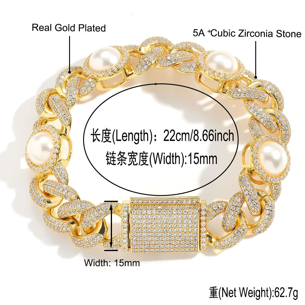 15mm Bling Chunky Hip Hop Pearl Charm Cuban Link Chain Bracelet Prong Cubic Zirconia Personalized Hip Hop Mens Creative Wrist Chains Wolf Tide Rapper 