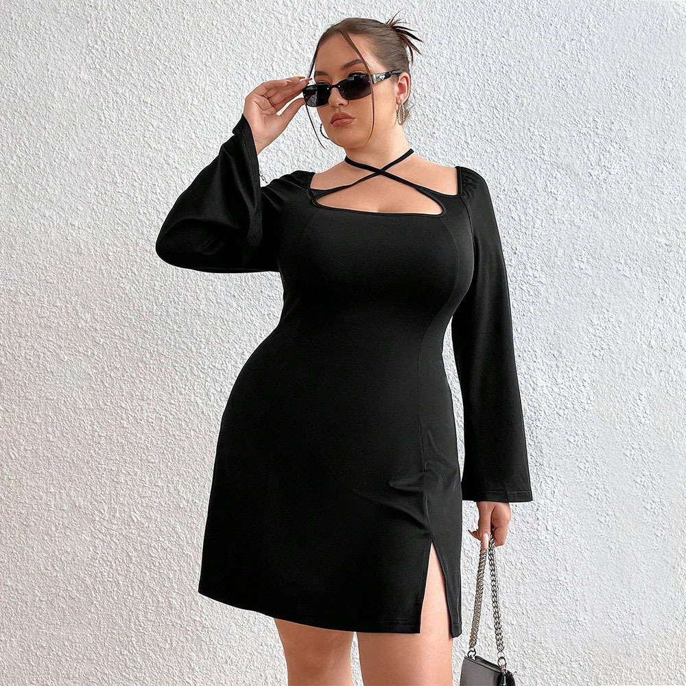 Large Size Womens Autumn and Winter New Slim Fit Bag Hip Slit Long Sleeved Sexy Mini Dress
