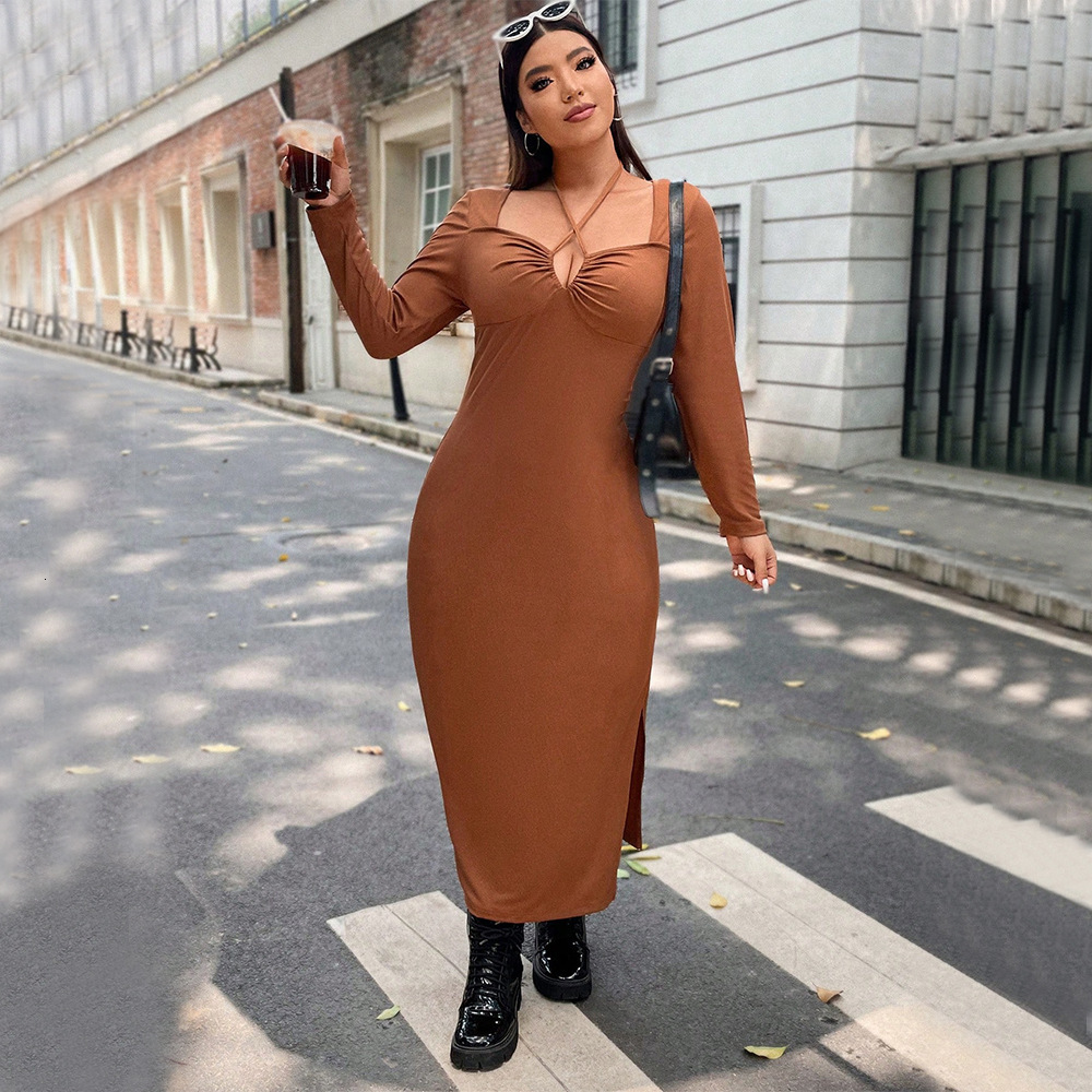 Large Size Womens Neck Hanging V-neck Long Sleeved Slim Fit Hip Hugging Mid Length Skirt Sexy Slit Dress