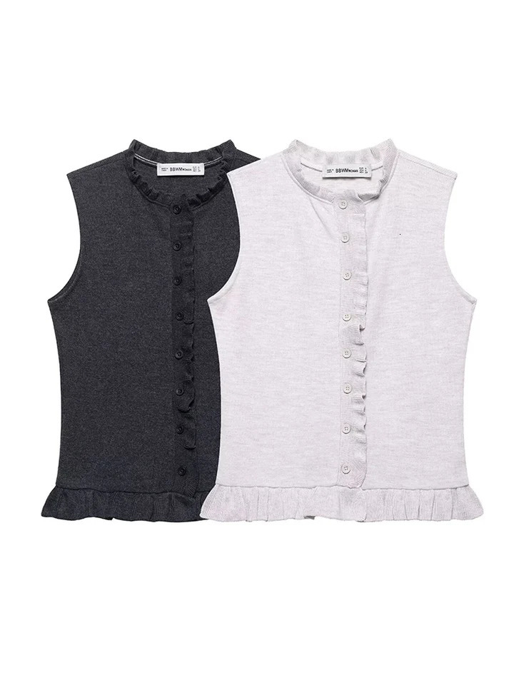SIYANG Women Fashion Solid Ruffled Single Breasted Knitted Vest Tank Tops Vintage ONeck Sleeveless Female Chic Lady Top 250506