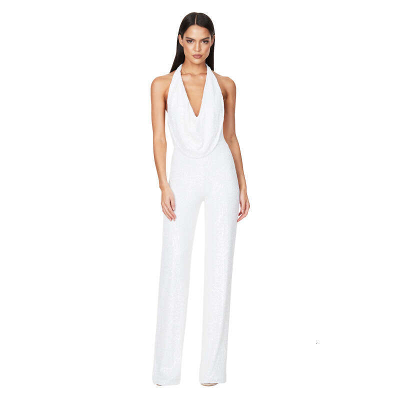 Wide Leg Jumpsuit Women S INS Style New Backless With Hanging Neck Sequin Jumpsuit For Women