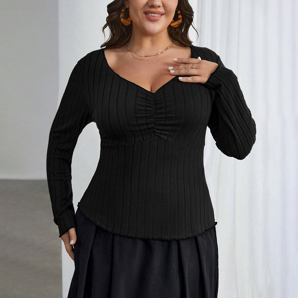 Plus Size Womens Elegant and Intellectual Style T-shirt Autumn and Winter Square Neck Slim Fit Long Sleeved Top