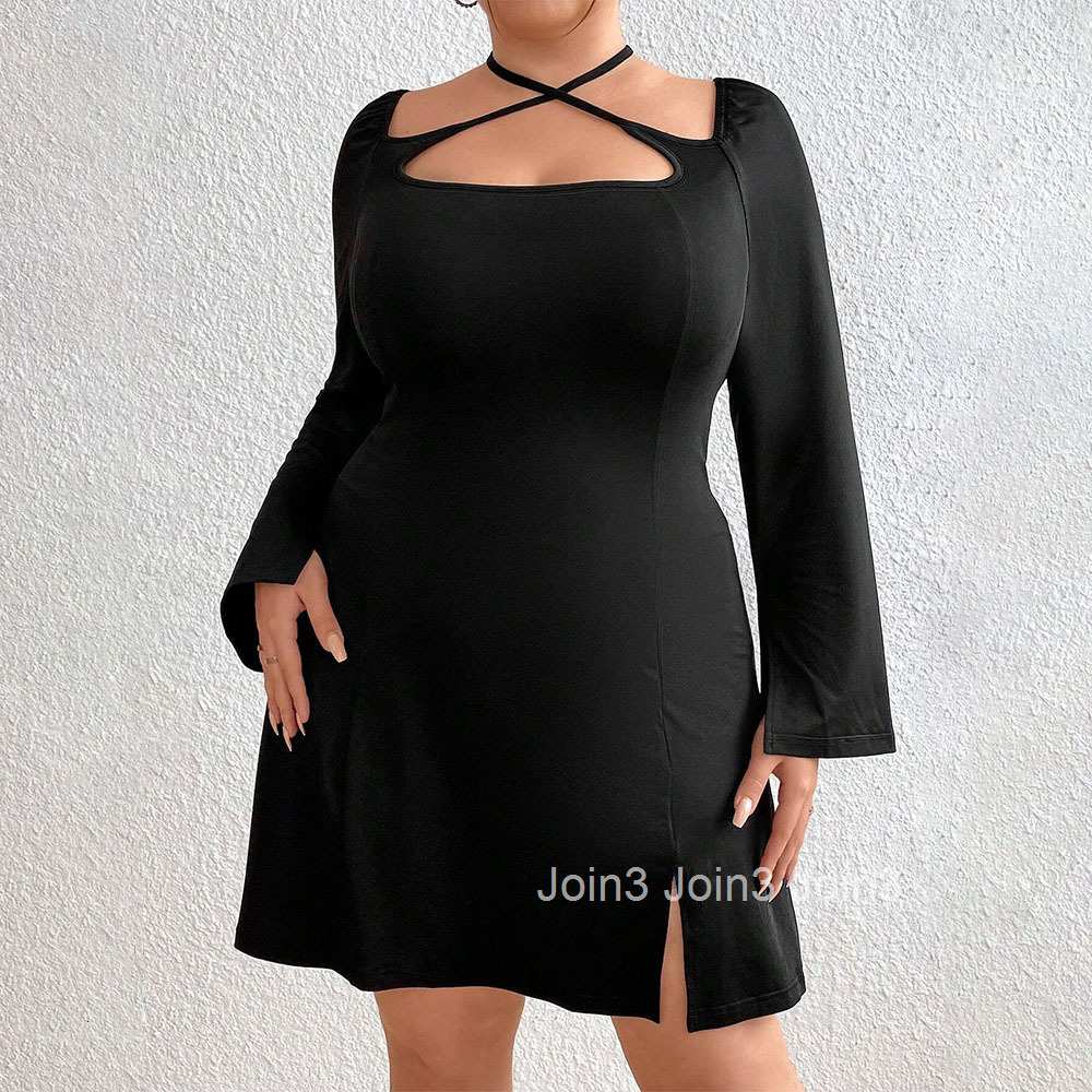 Large Size Womens Autumn and Winter New Slim Fit Bag Hip Slit Long Sleeved Sexy Mini Dress
