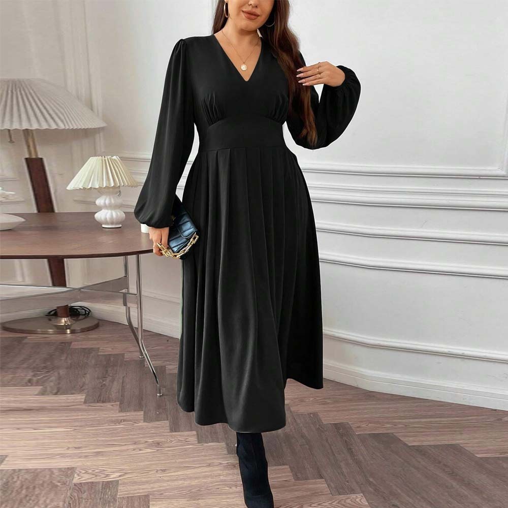 Autumn and Winter New Plus Size Womens Sexy V-neck Waist Cinched Bubble Sleeves Mid Length Skirt Big Skirt Dress