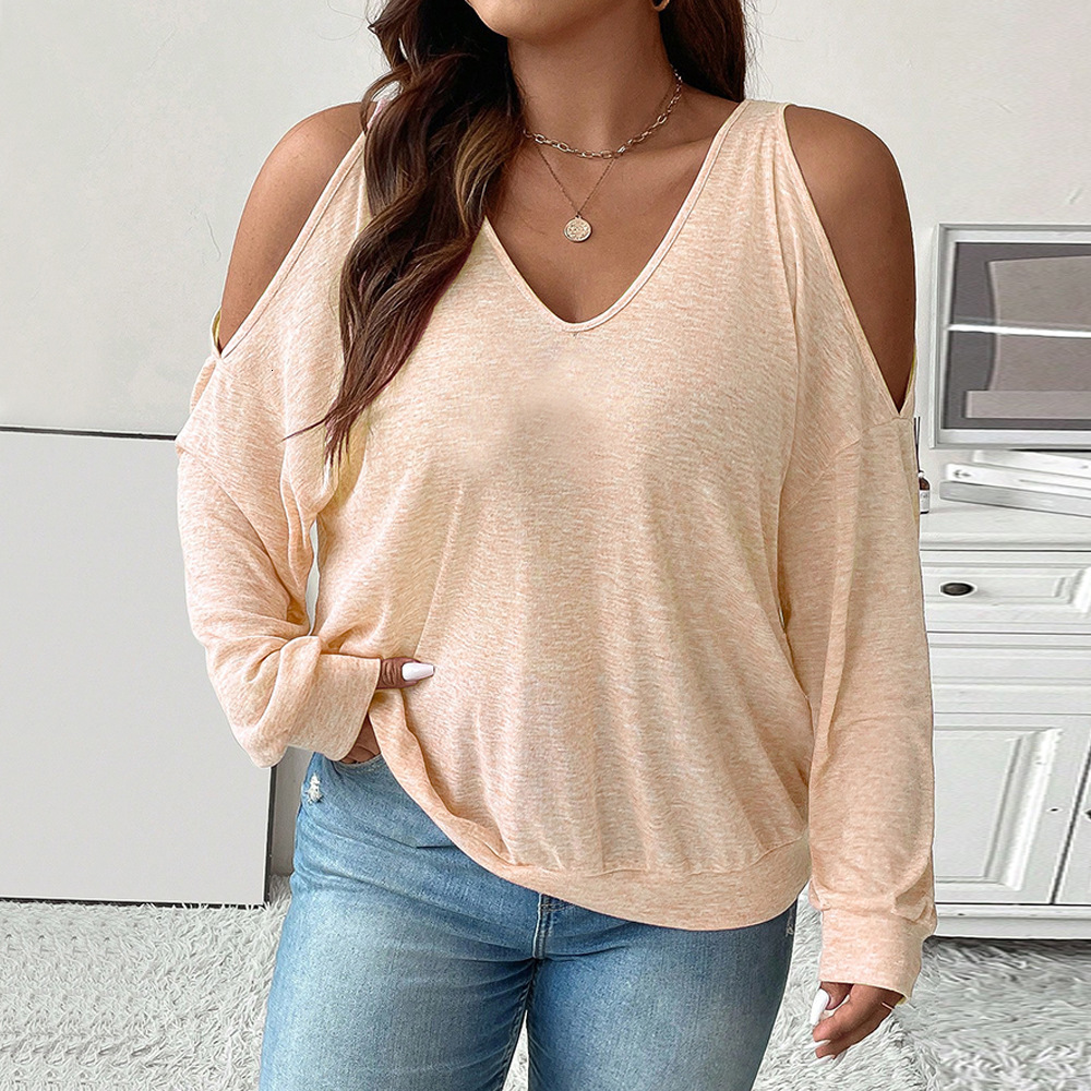 Large Size Womens Autumn and Winter Sexy Off Shoulder V-neck Loose Casual Solid Color Long Sleeved T-shirt Top