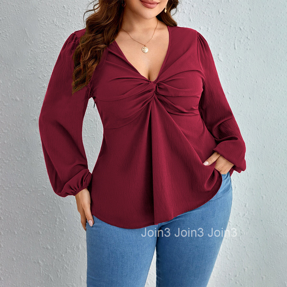 Plus Size Womens Clothing Queen Lady Style V-neck T-shirt Autumn and Winter Fashion Anti-aging Wine Red Top