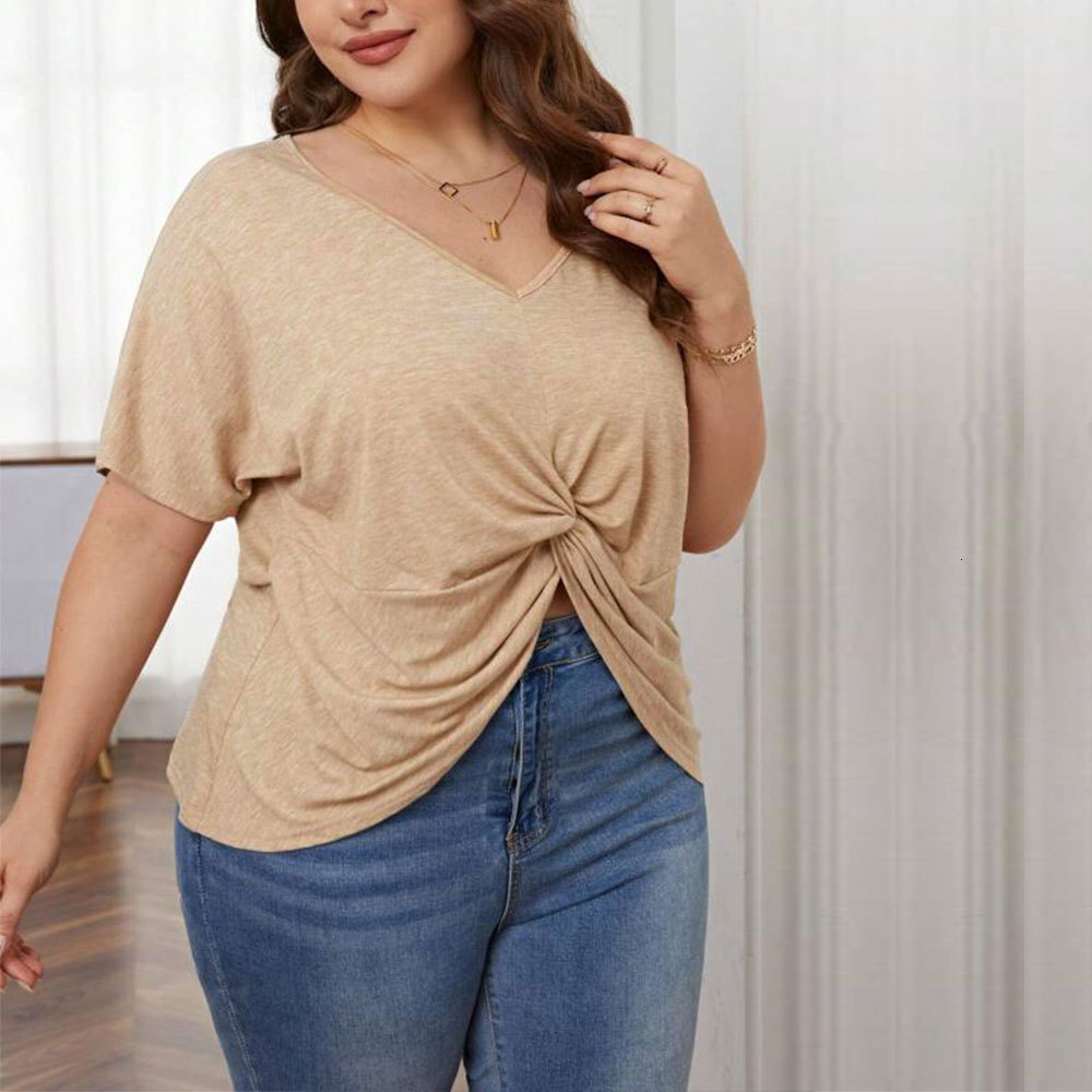 Large Size Womens New Loose Casual V-neck Short Sleeved Knitted T-shirt Irregular Hem Top