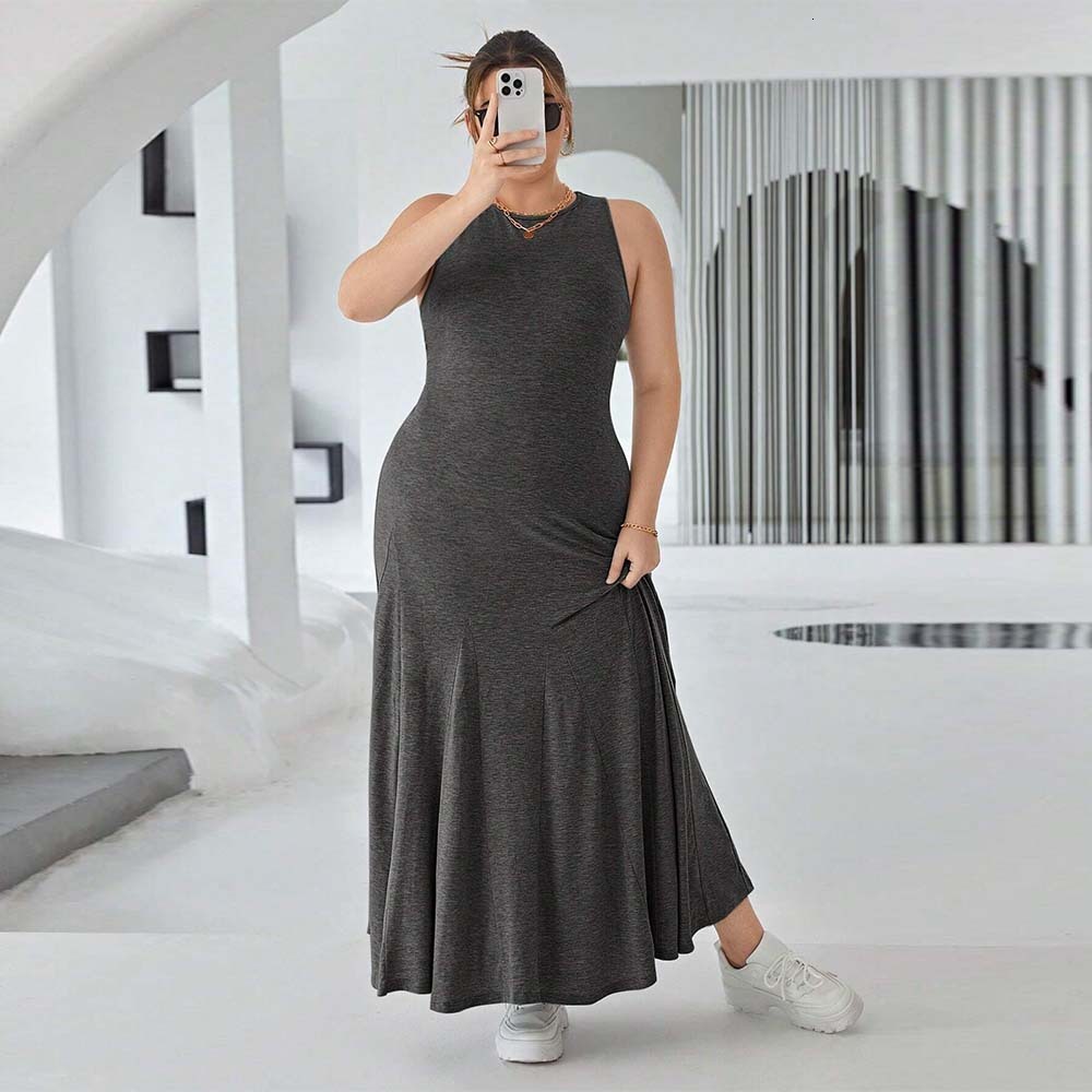Plus Size Womens Casual Round Neck Sleeveless Dress Summer New High Waisted Slim Fit Long Dress