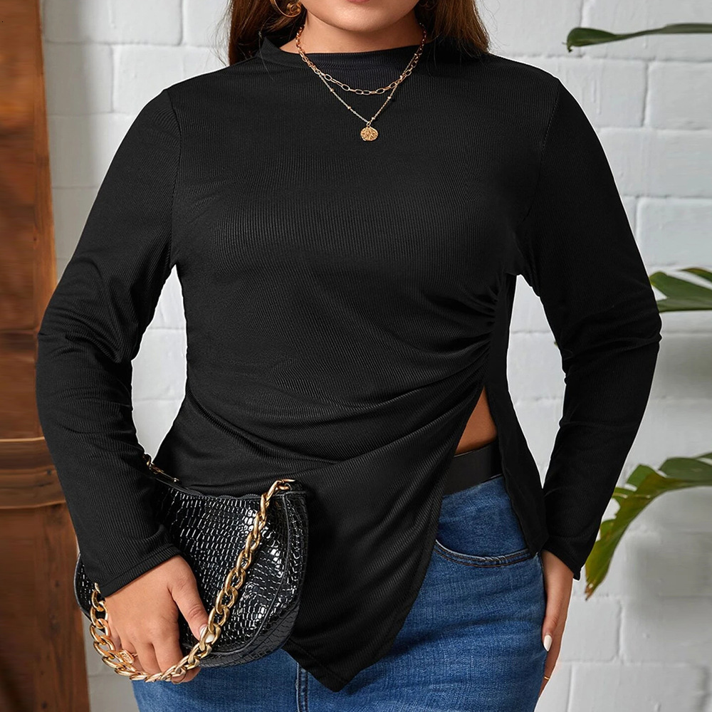 Autumn and Winter Plus Size Womens Round Neck Slim Fit Asymmetric Knitted Long Sleeved T-shirt Versatile Top