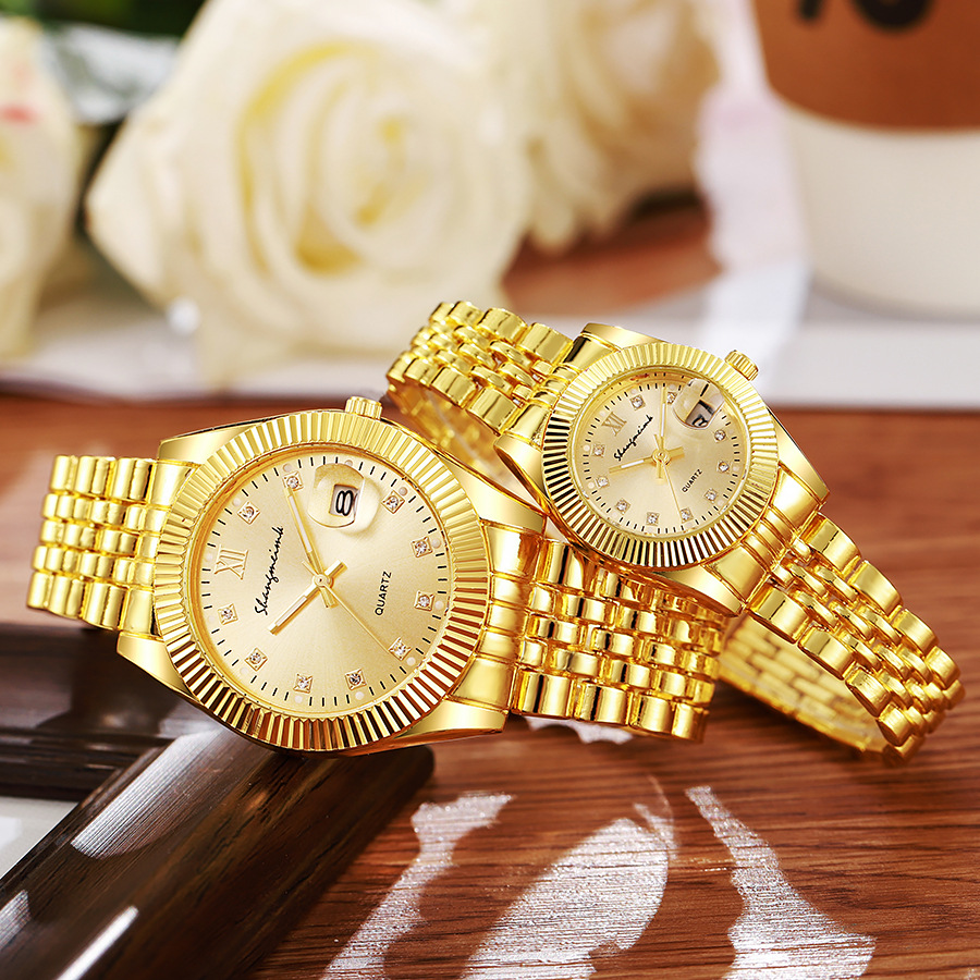 Business men's light Gold retro steel band quartz watch | Alloy versatile fashion model High-end temperament couple gift free shipping