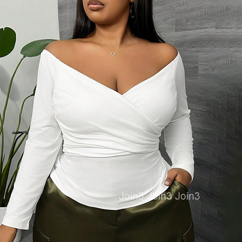 Large Size Womens Simple and Sexy T-shirt Autumn and Winter V-neck Slim Fit and Slimming Short Long Sleeved Top
