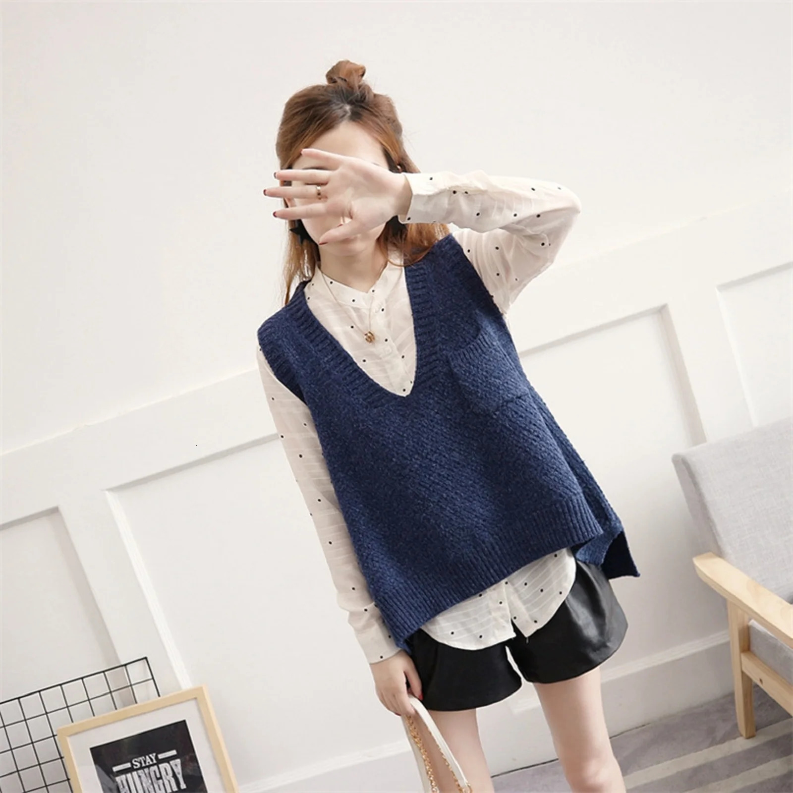 VNeck Knitted Vest Womens Korean Version Pullover Sweater ALine Sleeveless Shoulder Jacket Trend 250506