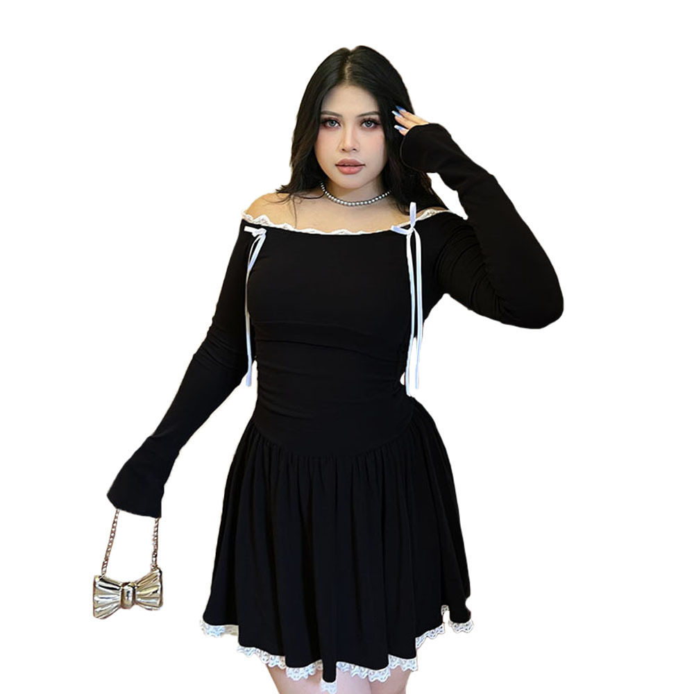Large Size Womens American Spicy Girl Dress Autumn and Winter One Shoulder Lace Design Slimming Short Skirt
