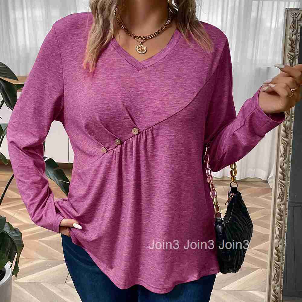 Large Size Womens French V-neck Long Sleeved T-shirt with a Cinched Waist and Short Base Pleated and Slim Fit Top
