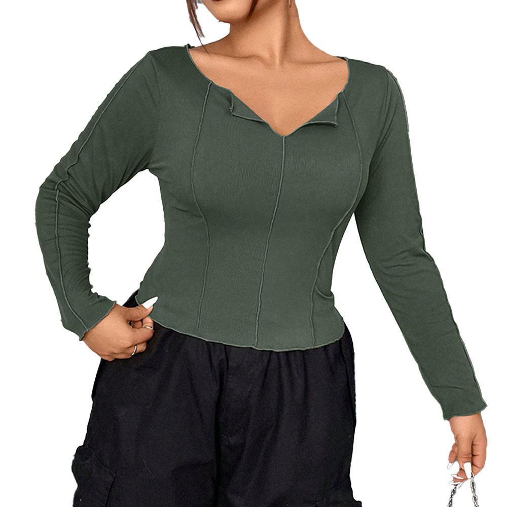 Large Size Womens Slim Fit Short Design with a Niche V-neck T-shirt Womens Long Sleeved Shirt with Inner Lining Top