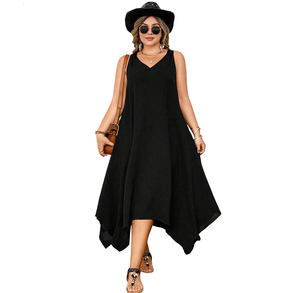 Oversized Womens Casual Loose V-neck Dress Breathable Irregular Sleeveless Long Skirt