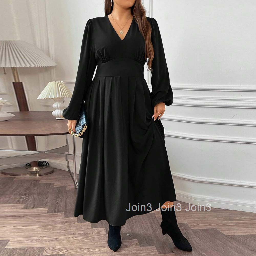 Autumn and Winter New Plus Size Womens Sexy V-neck Waist Cinched Bubble Sleeves Mid Length Skirt Big Skirt Dress