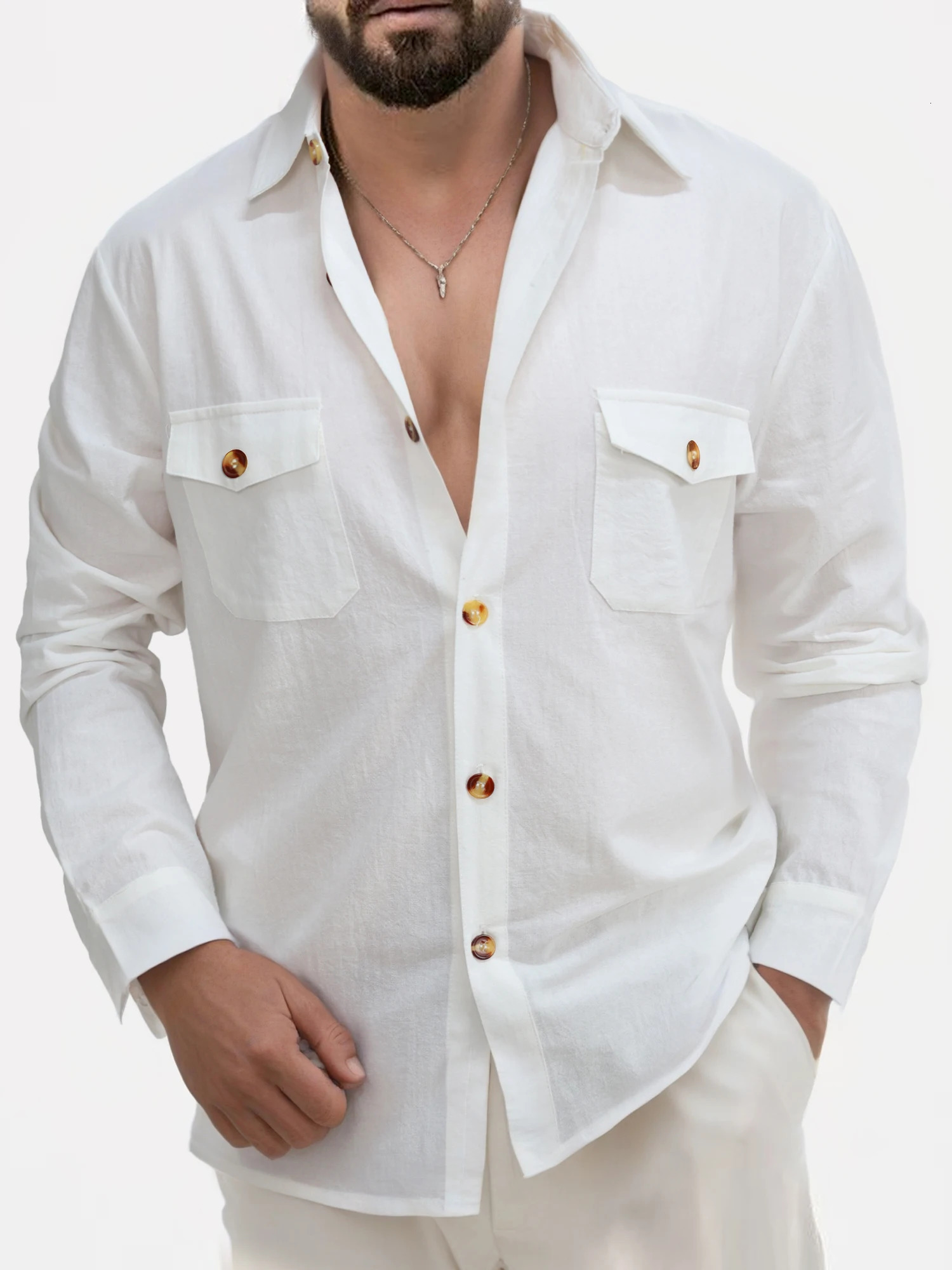 Mens cotton linen shirt with solid collar lightweight and breathable white casual plus size streetwear y250506Z