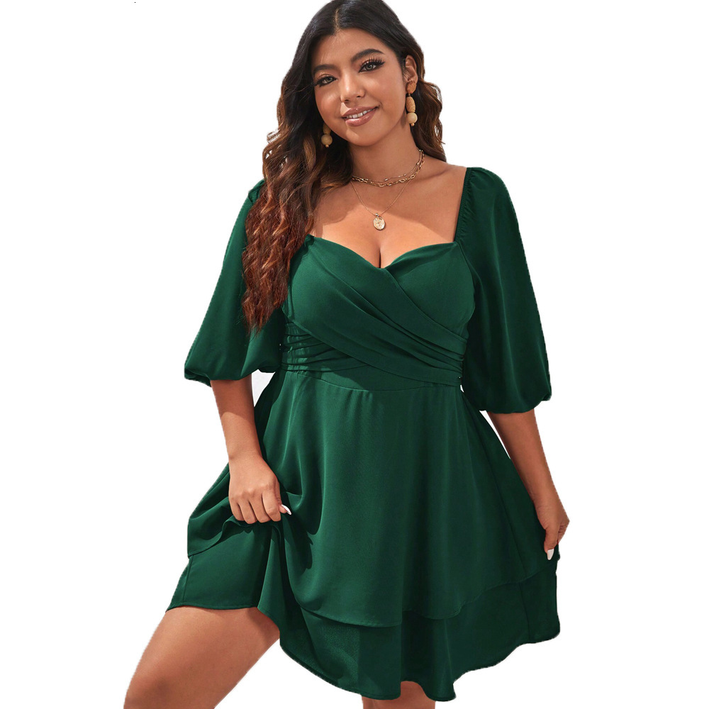 Large Size Womens Square Neck Flared Sleeve Dress with Sweet and Elegant Summer Style A-line Green Short Skirt