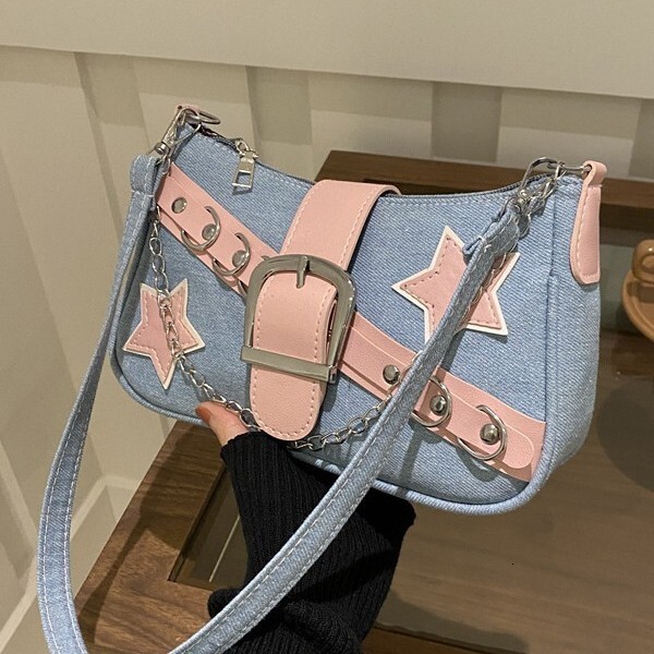 Free Delivery Designer S Bag Korean Edition Underarm For Women In Spring Stylish Contrasting Color Single Shoulder Casual And Personalized Chain Denim