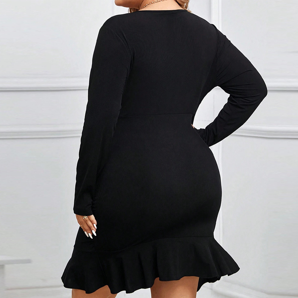 Large Size Womens Autumn and Winter New Collection Waist Bag Hip Ruffle Sexy V-neck Long Sleeved Dress