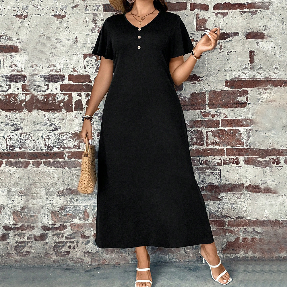 Large Size Womens Round Neck Short Sleeved Loose Dress Daily Casual Simple Style Versatile Long Skirt for Women