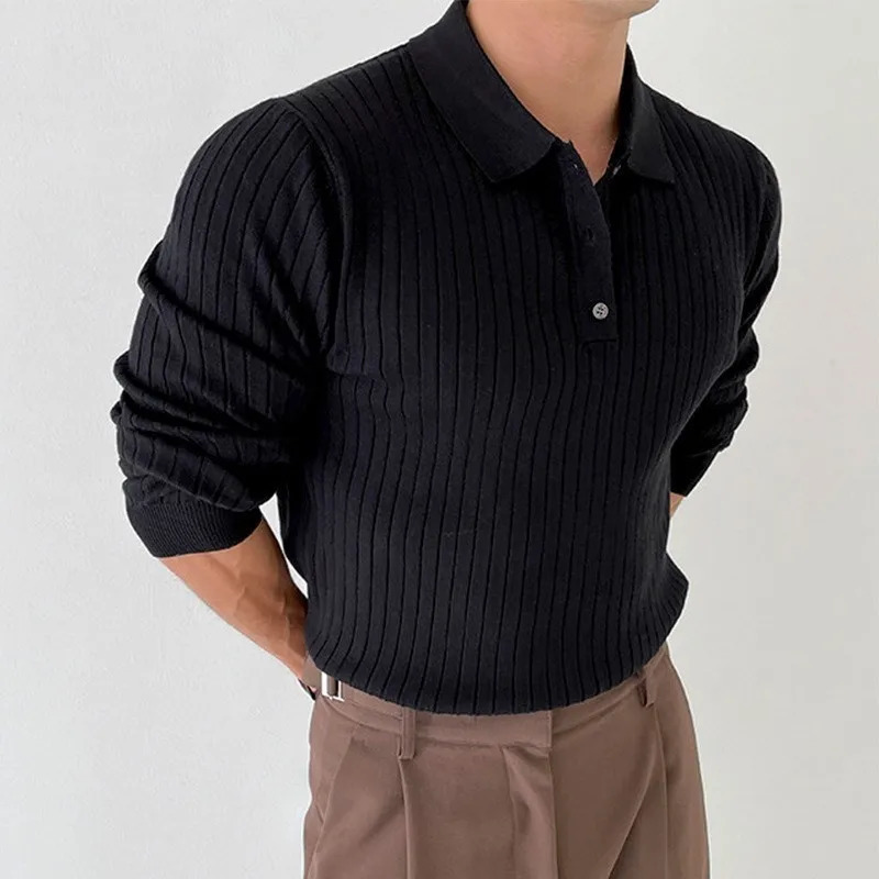 Mens Leisure Knit Polo Shirt Long Sleeve Button-down Premium Solid Color Pullover Knitwear Streetwear Clothing 250515